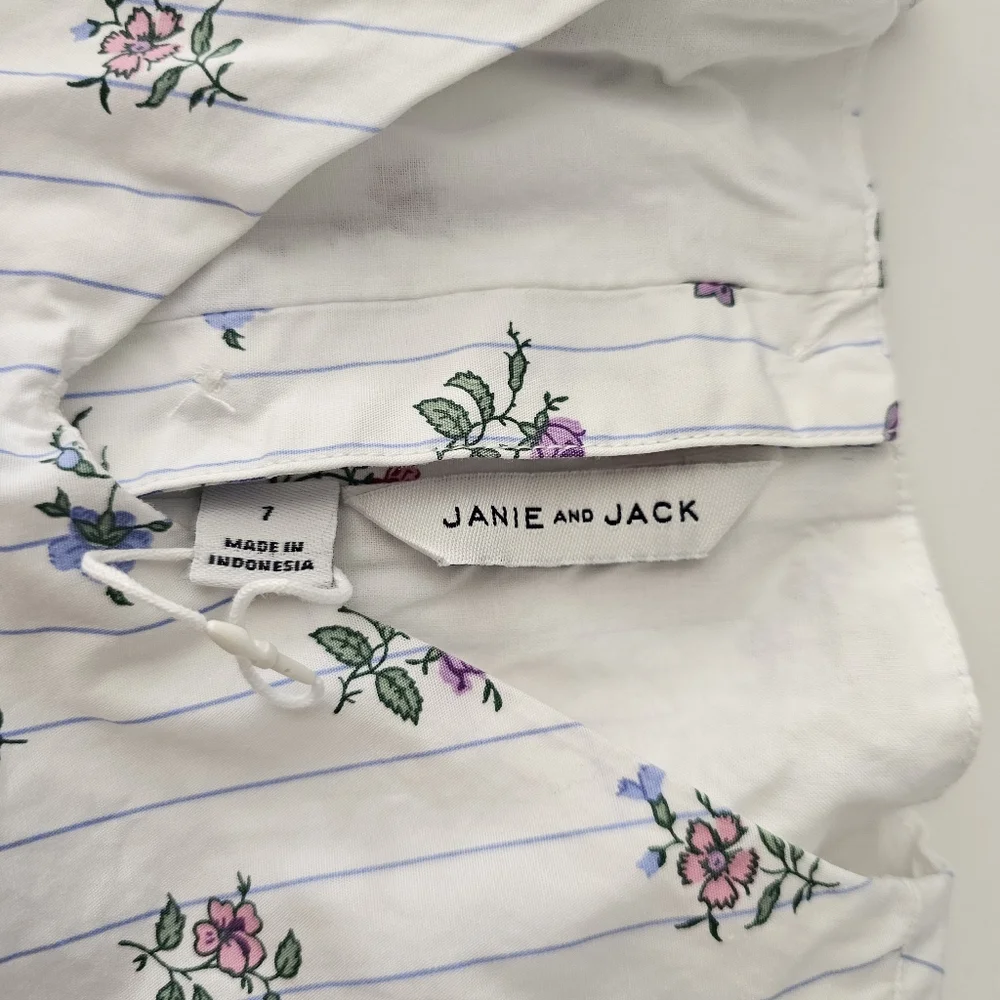Janie &‎ Jack White Floral Dress 7 Bubble Sleeve Ruffle 100% cotton Spring